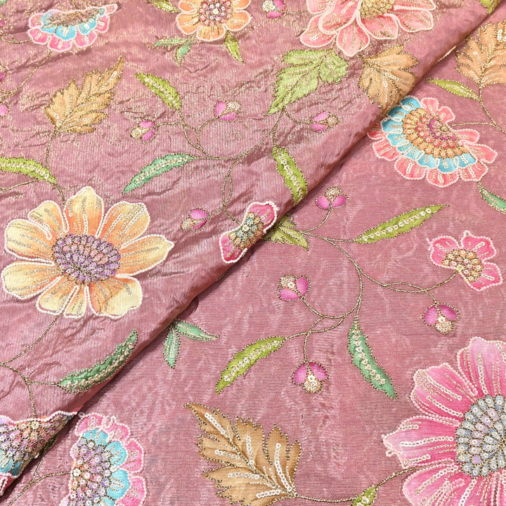 Crape Shimmer Fabric with Position Print & Zari Sequence Embroidery -00P260-1