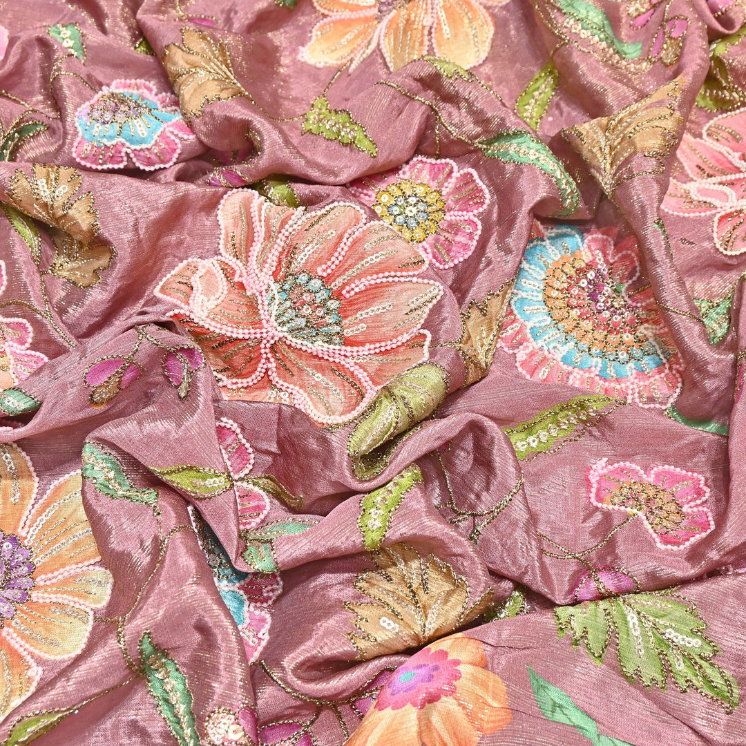 Crape Shimmer Fabric with Position Print & Zari Sequence Embroidery -00P260-1