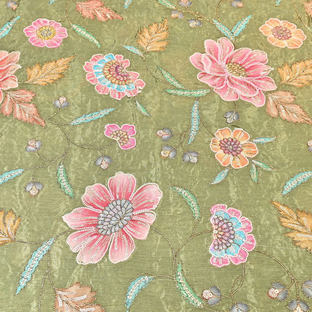 Crape Shimmer Fabric with Position Print & Zari Sequence Embroidery -00P260-2