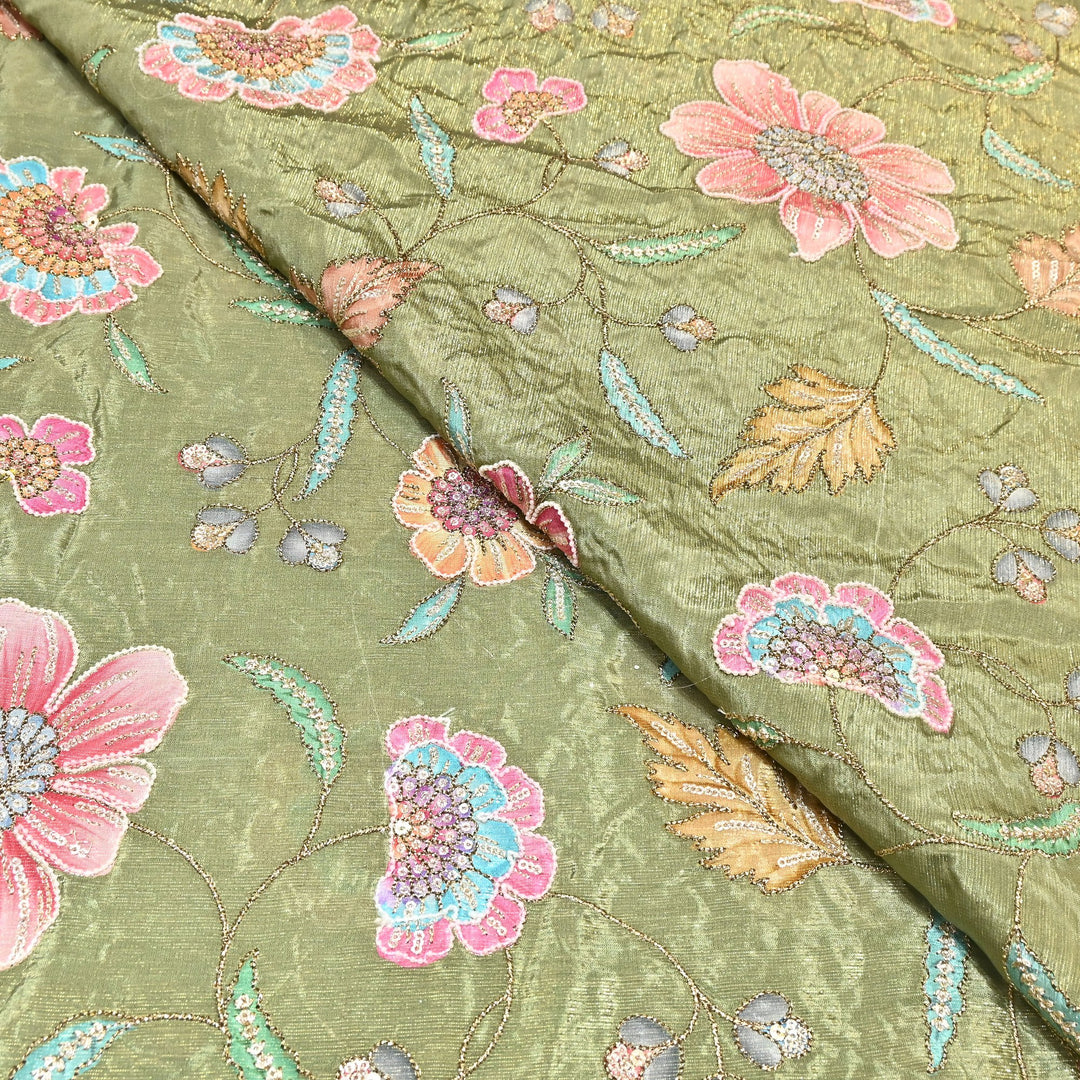 Crape Shimmer Fabric with Position Print & Zari Sequence Embroidery -00P260-2