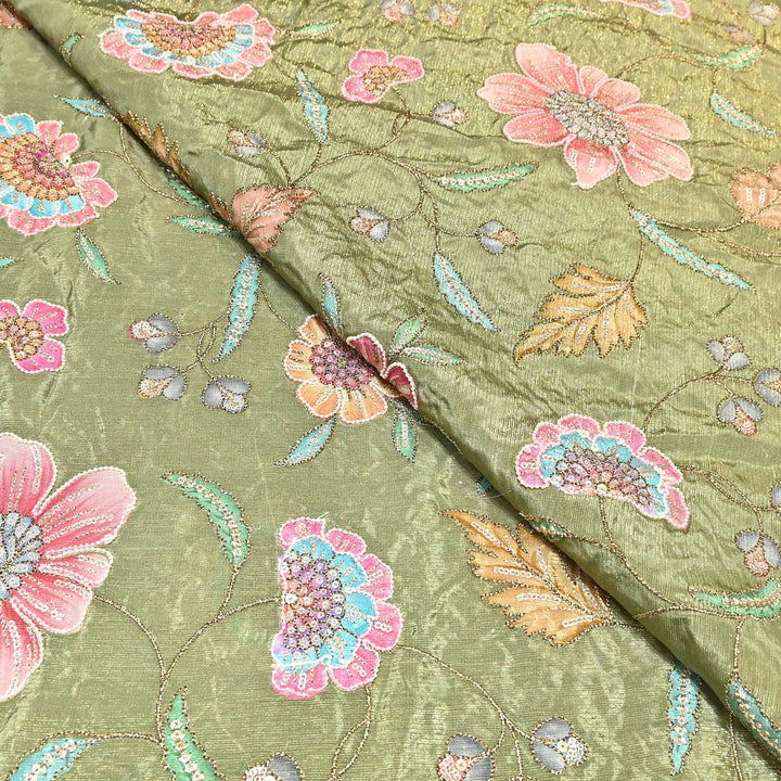 Crape Shimmer Fabric with Position Print & Zari Sequence Embroidery -00P260-2