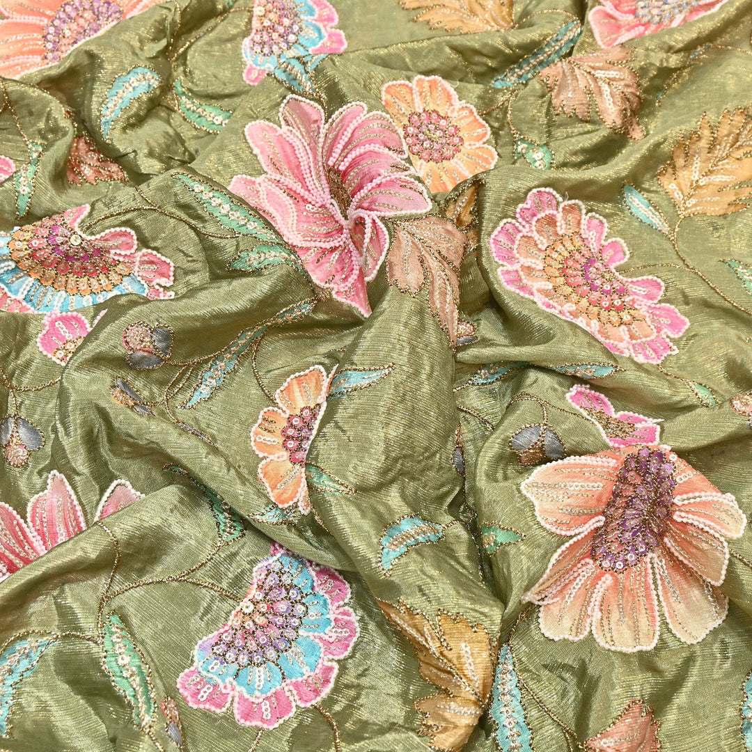 Crape Shimmer Fabric with Position Print & Zari Sequence Embroidery -00P260-2