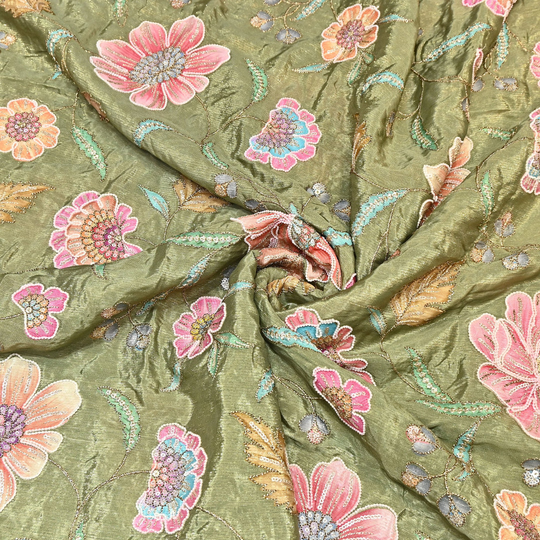 Crape Shimmer Fabric with Position Print & Zari Sequence Embroidery -00P260-2