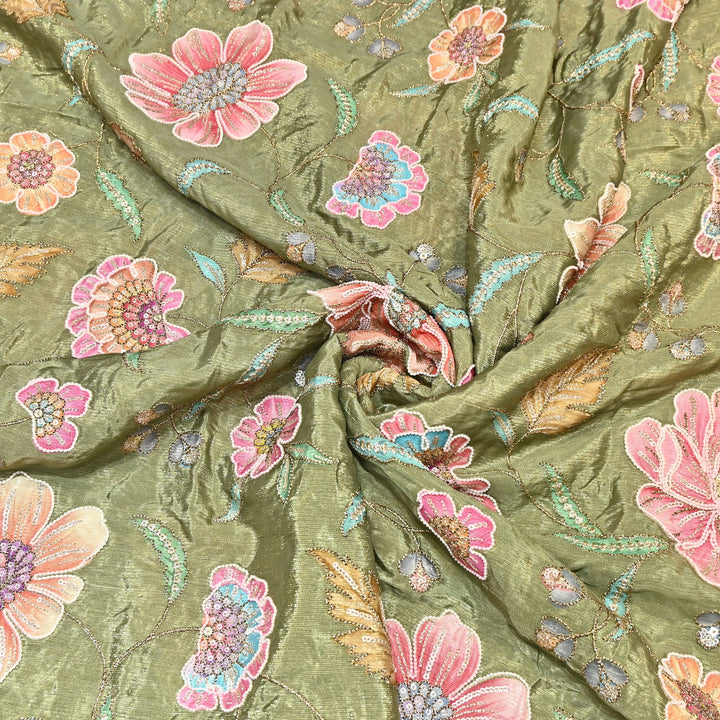 Crape Shimmer Fabric with Position Print & Zari Sequence Embroidery -00P260-2