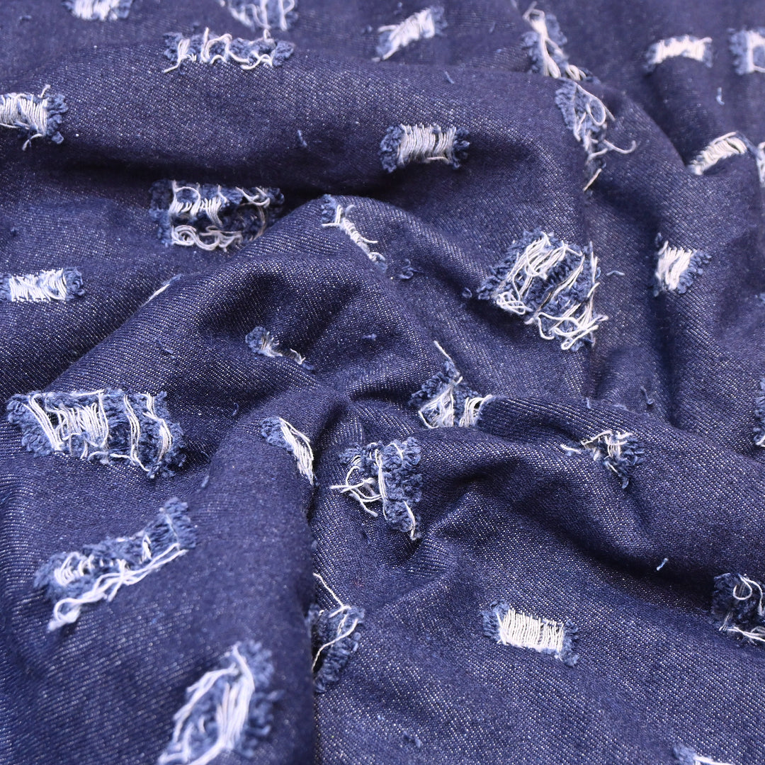 Premium Denim Cutwork Fabric – Distressed Thread Work Designer Denim Fabric - GC1123-1