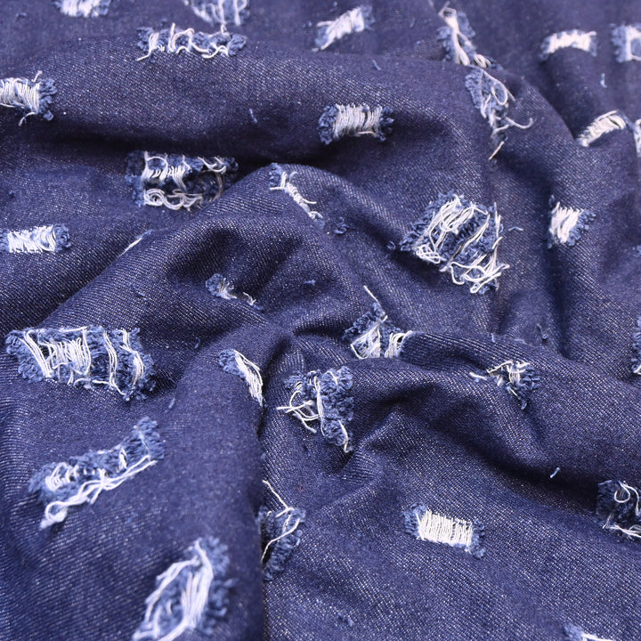 Premium Denim Cutwork Fabric – Distressed Thread Work Designer Denim Fabric - GC1123-1