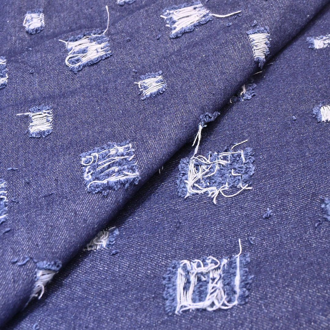 Premium Denim Cutwork Fabric – Distressed Thread Work Designer Denim Fabric - GC1123-1