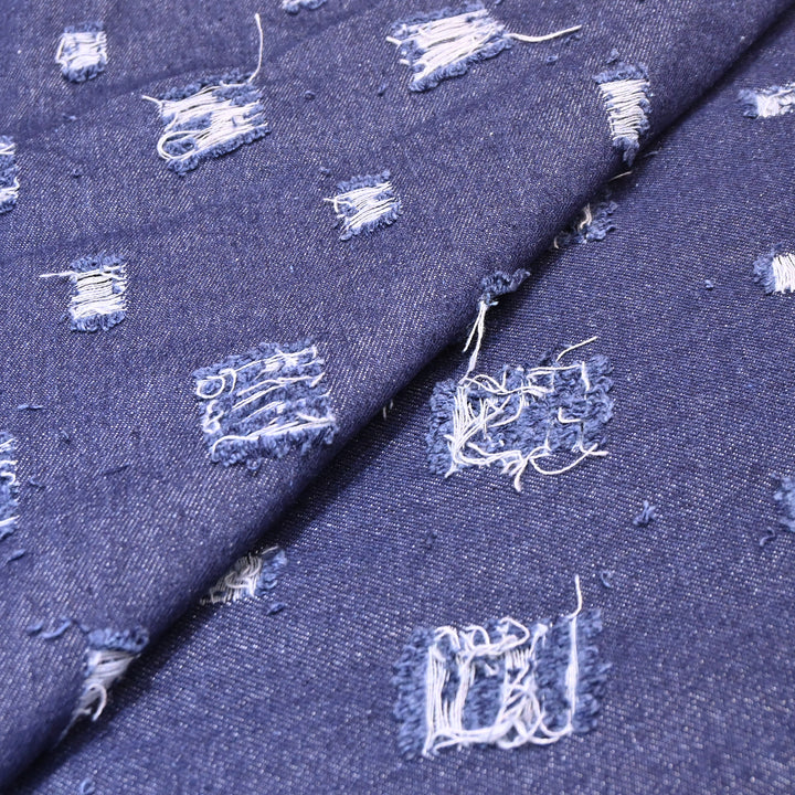 Premium Denim Cutwork Fabric – Distressed Thread Work Designer Denim Fabric - GC1123-1