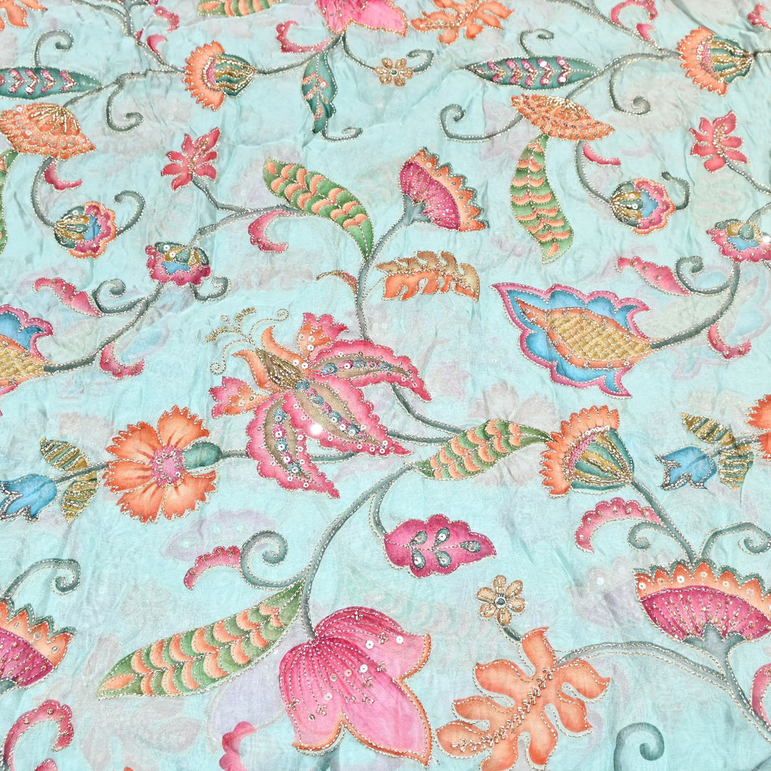 Premium Organza Position Print Fabric with Zari Sequins Embroidery- Designer Fabric- 00PB29-1