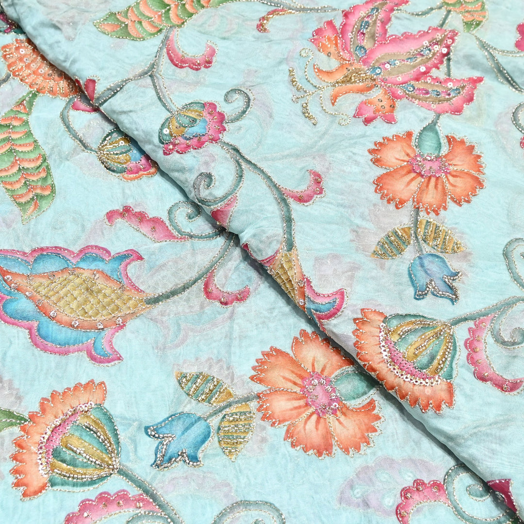Premium Organza Position Print Fabric with Zari Sequins Embroidery- Designer Fabric- 00PB29-1