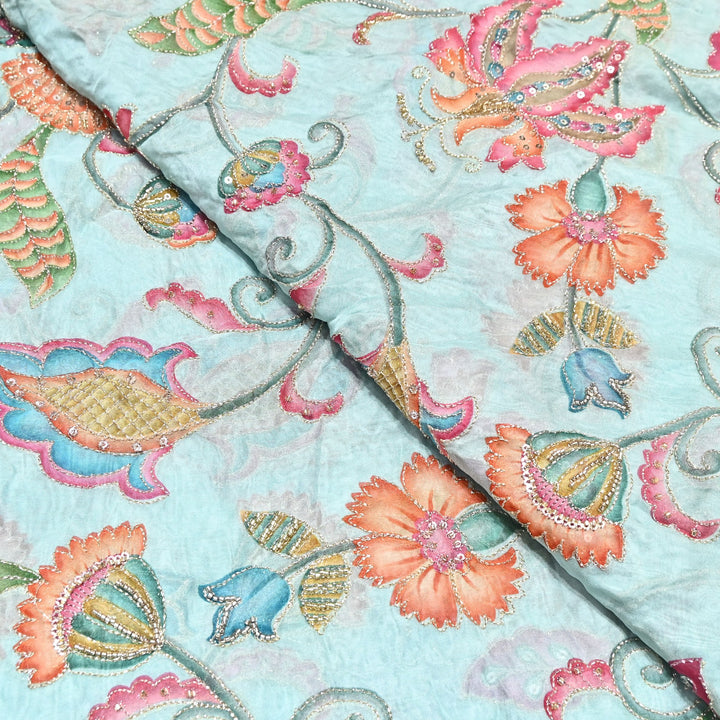 Premium Organza Position Print Fabric with Zari Sequins Embroidery- Designer Fabric- 00PB29-1