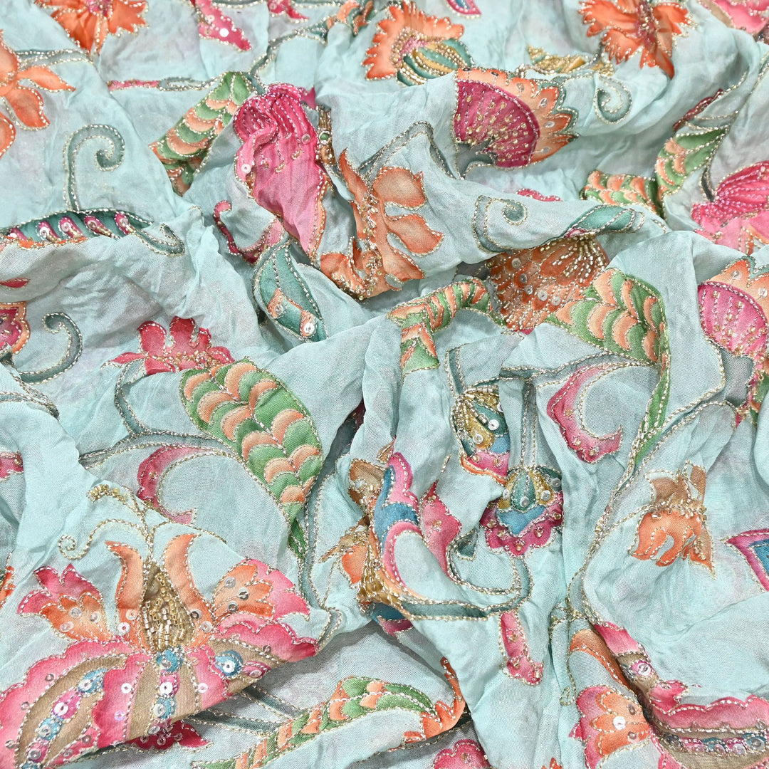 Premium Organza Position Print Fabric with Zari Sequins Embroidery- Designer Fabric- 00PB29-1