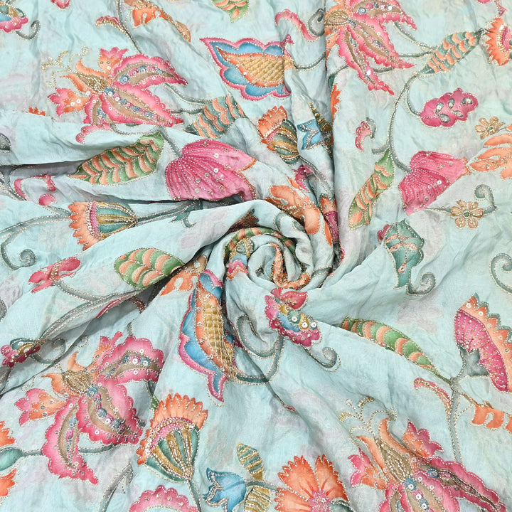 Premium Organza Position Print Fabric with Zari Sequins Embroidery- Designer Fabric- 00PB29-1