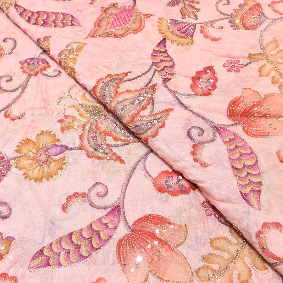 Premium Organza Position Print Fabric with Zari Sequins Embroidery- Designer Fabric- 00PB29-3