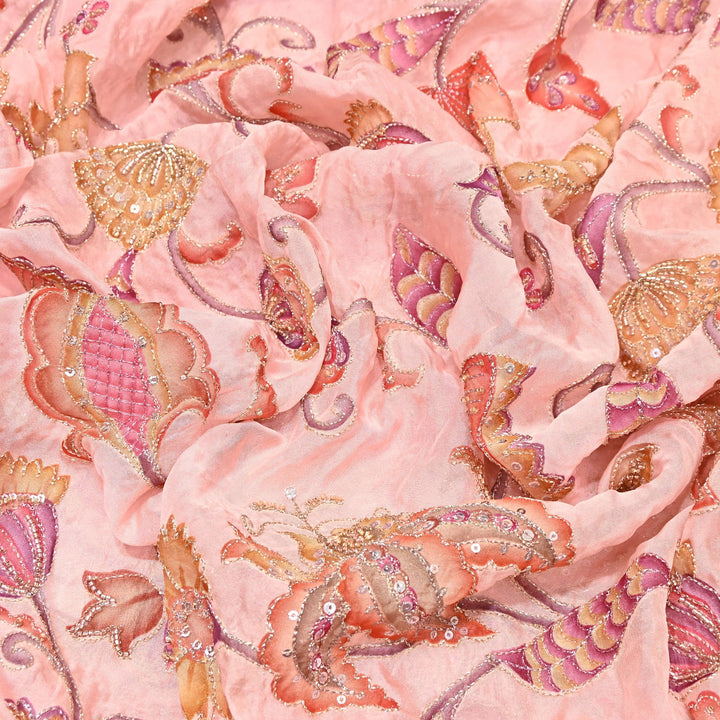 Premium Organza Position Print Fabric with Zari Sequins Embroidery- Designer Fabric- 00PB29-3