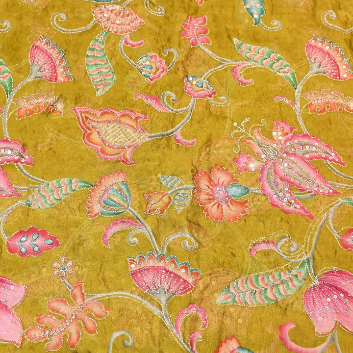 Premium Organza Position Print Fabric with Zari Sequins Embroidery- Designer Fabric- 00PB29-4