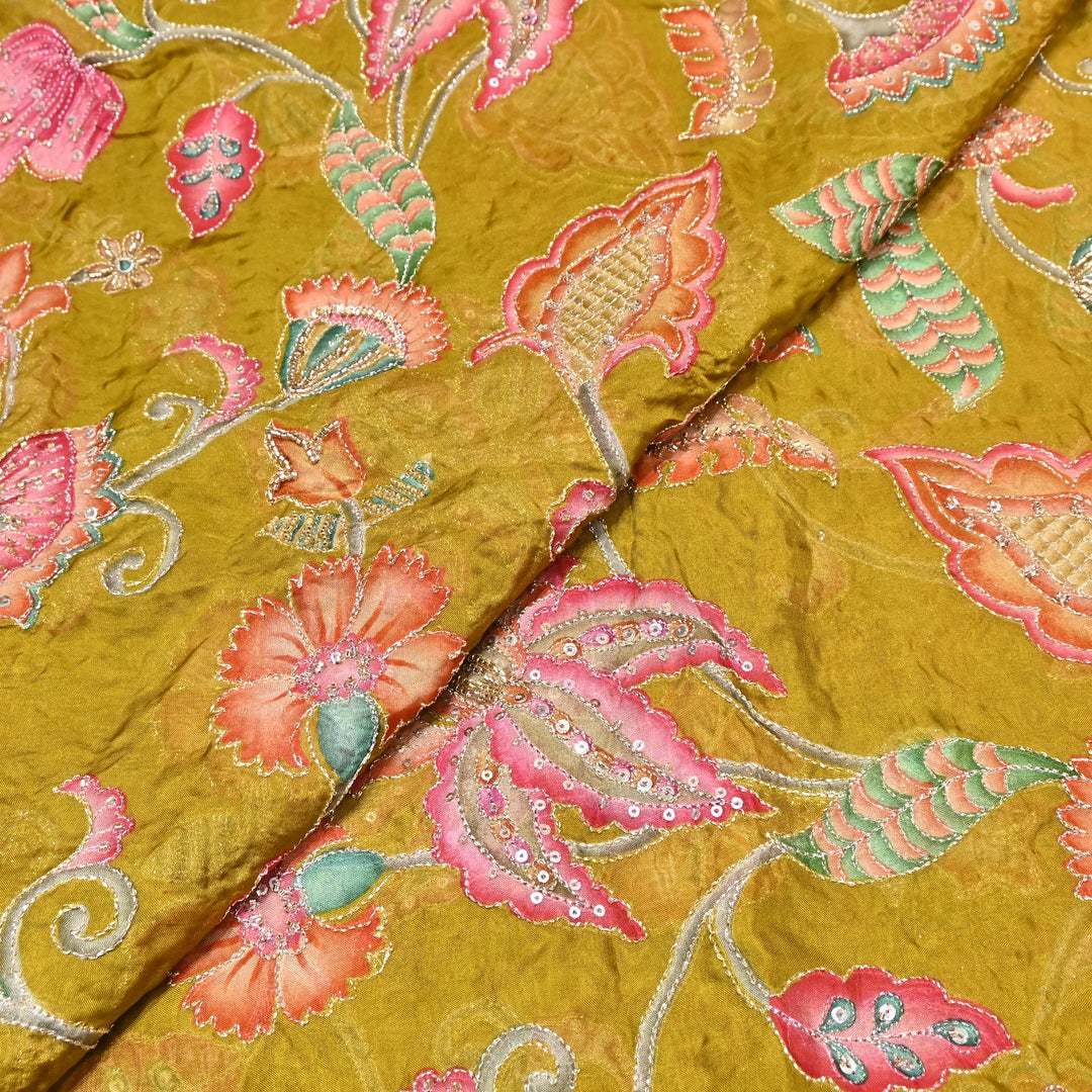 Premium Organza Position Print Fabric with Zari Sequins Embroidery- Designer Fabric- 00PB29-4