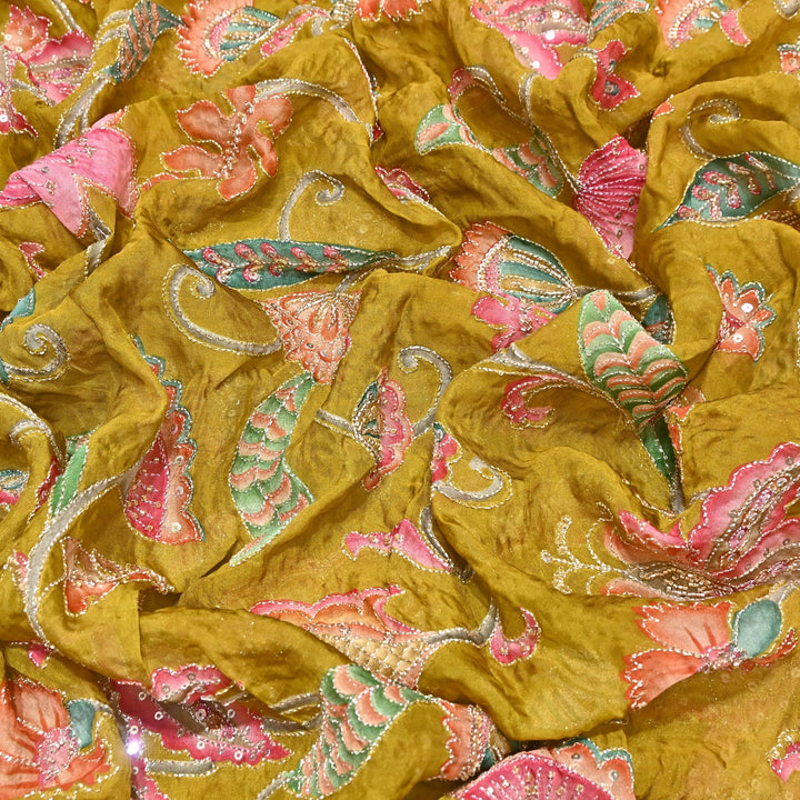 Premium Organza Position Print Fabric with Zari Sequins Embroidery- Designer Fabric- 00PB29-4