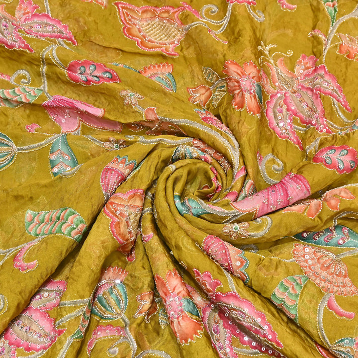 Premium Organza Position Print Fabric with Zari Sequins Embroidery- Designer Fabric- 00PB29-4