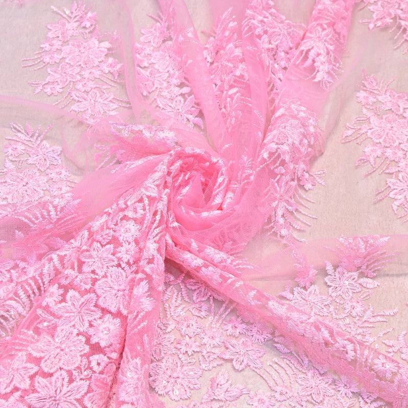 Imported Net Sequins Embroidery Fabric | Floral Designer Net Fabric - 060189-2
