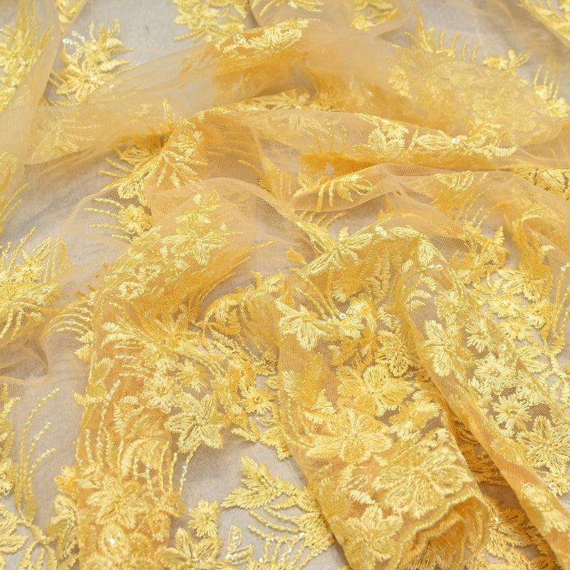 Imported Net Sequins Embroidery Fabric | Floral Designer Net Fabric - 060189-3