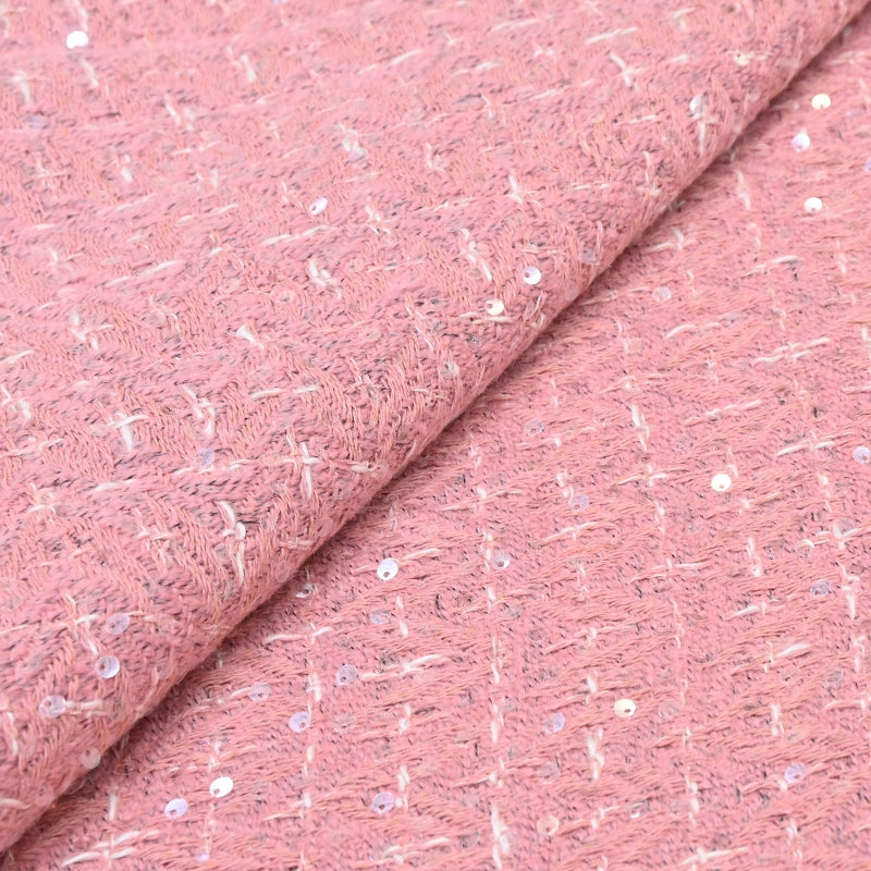 Premium Blush Pink Sequins Tweed Fabric – Soft Textured Designer Tweed Fabric - 054R50