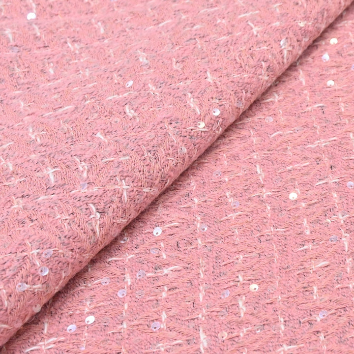 Premium Blush Pink Sequins Tweed Fabric – Soft Textured Designer Tweed Fabric - 054R50
