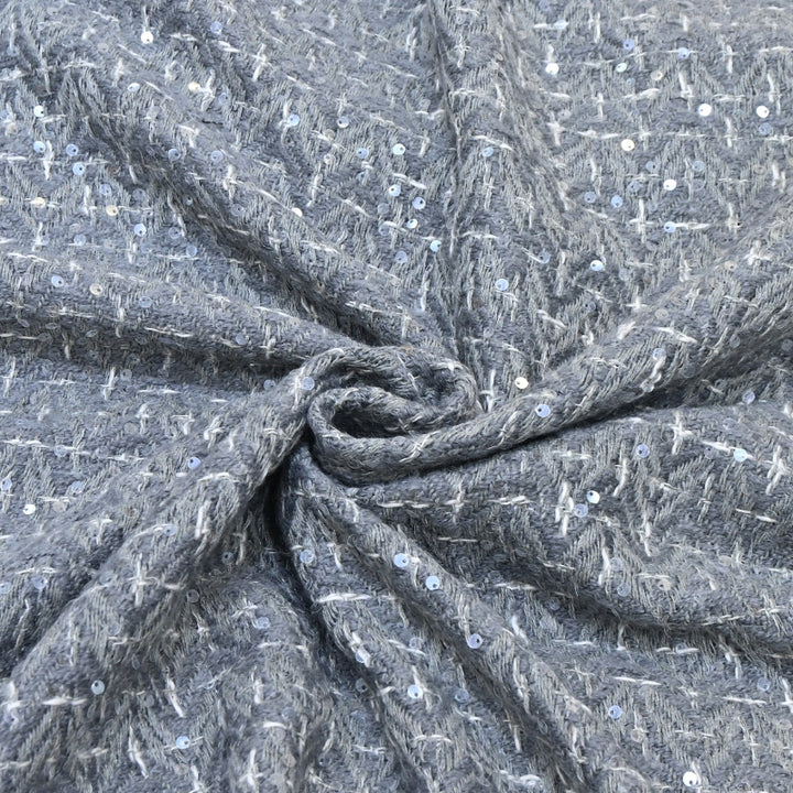 Premium Grey Sequins Tweed Fabric – Soft Textured Designer Tweed Fabric - 059R50