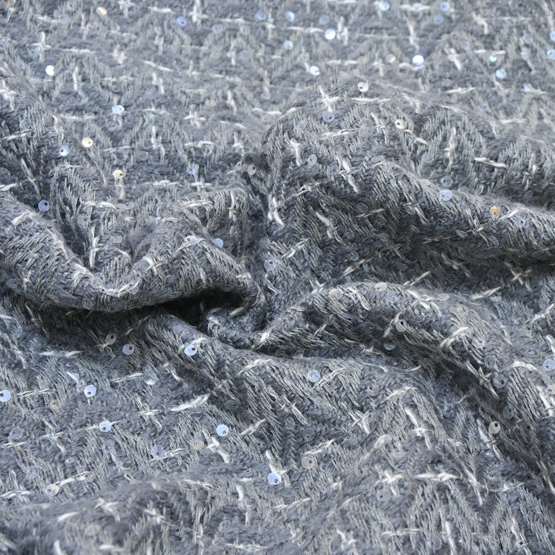 Premium Grey Sequins Tweed Fabric – Soft Textured Designer Tweed Fabric - 059R50
