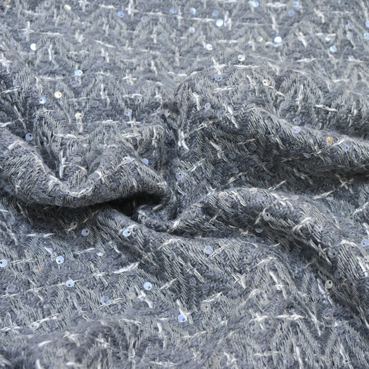 Premium Grey Sequins Tweed Fabric – Soft Textured Designer Tweed Fabric - 059R50