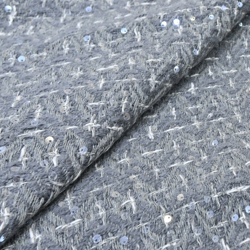 Premium Grey Sequins Tweed Fabric – Soft Textured Designer Tweed Fabric - 059R50