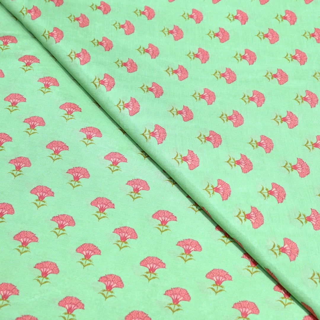 Turquoise Green Color Muslin Digital Print Fabric-000844-2