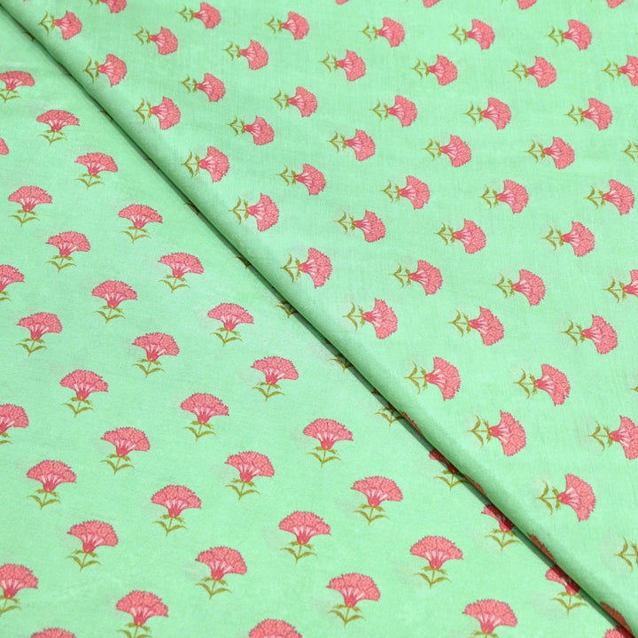 Turquoise Green Color Muslin Digital Print Fabric-000844-2