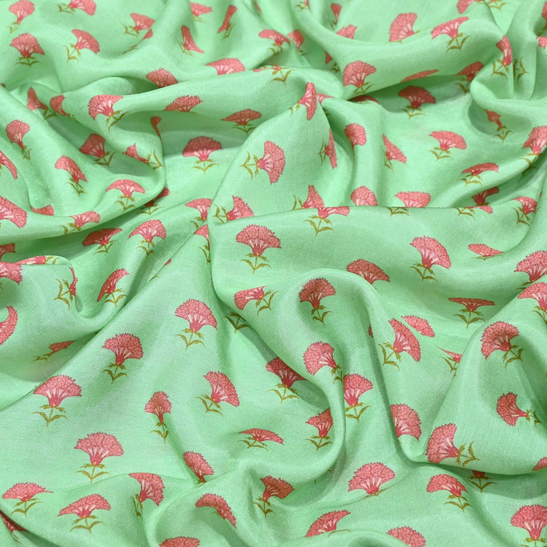 Turquoise Green Color Muslin Digital Print Fabric-000844-2