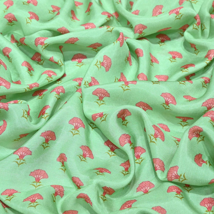 Turquoise Green Color Muslin Digital Print Fabric-000844-2