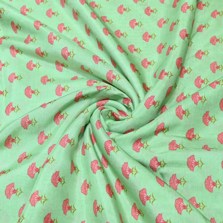 Turquoise Green Color Muslin Digital Print Fabric-000844-2