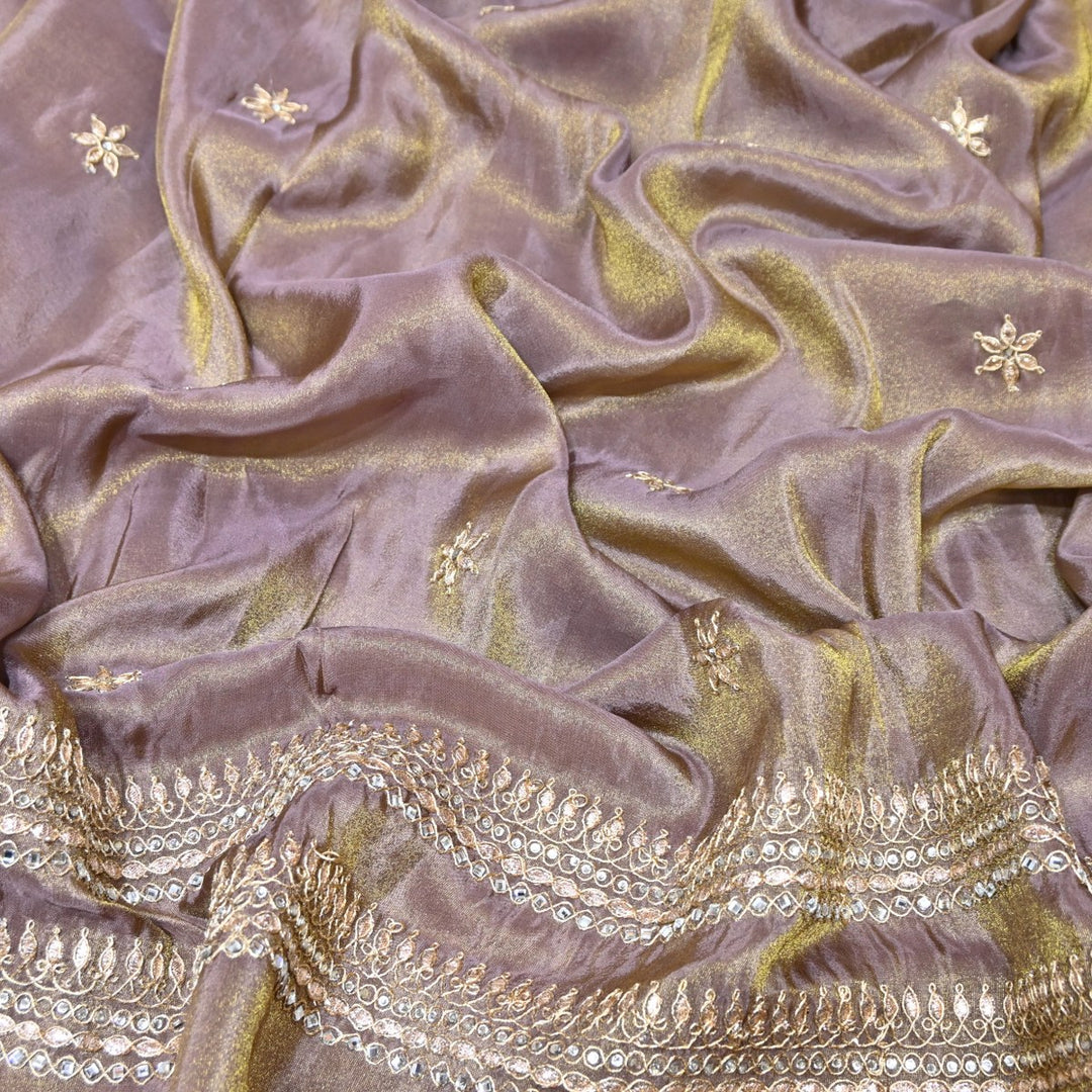 Dusty Grey Tissue Dupatta Fabric with Stone & Zari Embroidery Border – Designer Dupatta Fabric 331282-2