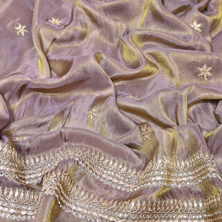 Dusty Grey Tissue Dupatta Fabric with Stone & Zari Embroidery Border – Designer Dupatta Fabric 331282-2