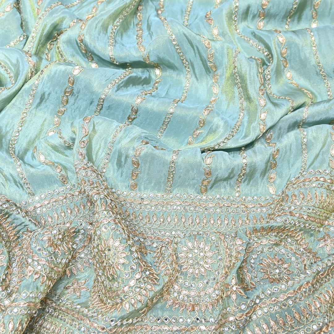 Powder Blue Tissue Fabric Stone & Zari Work Embroidery With Designer Border – Premium Fabric-331252-4