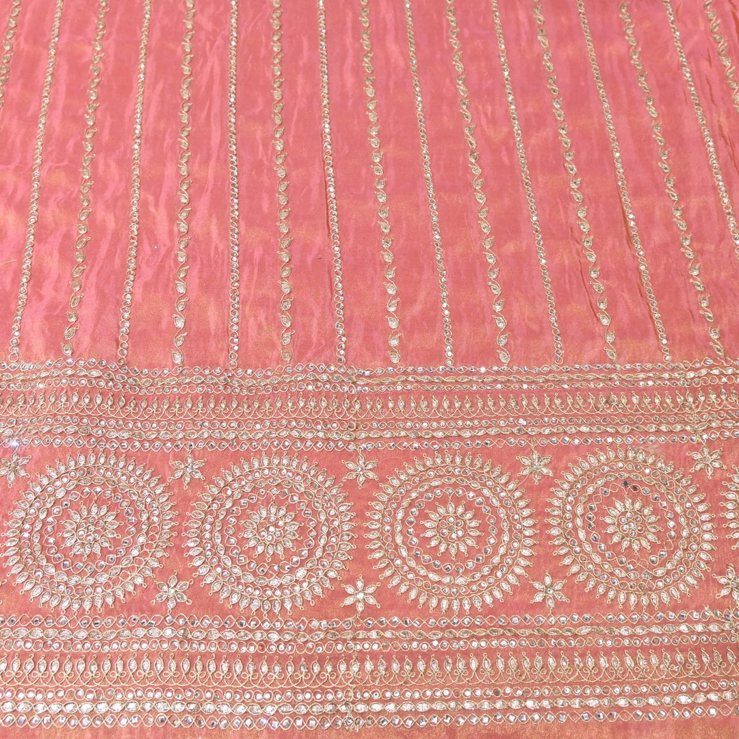 Rose Pink Tissue Fabric Stone & Zari Work Embroidery With Designer Border – Premium Fabric-331252-5
