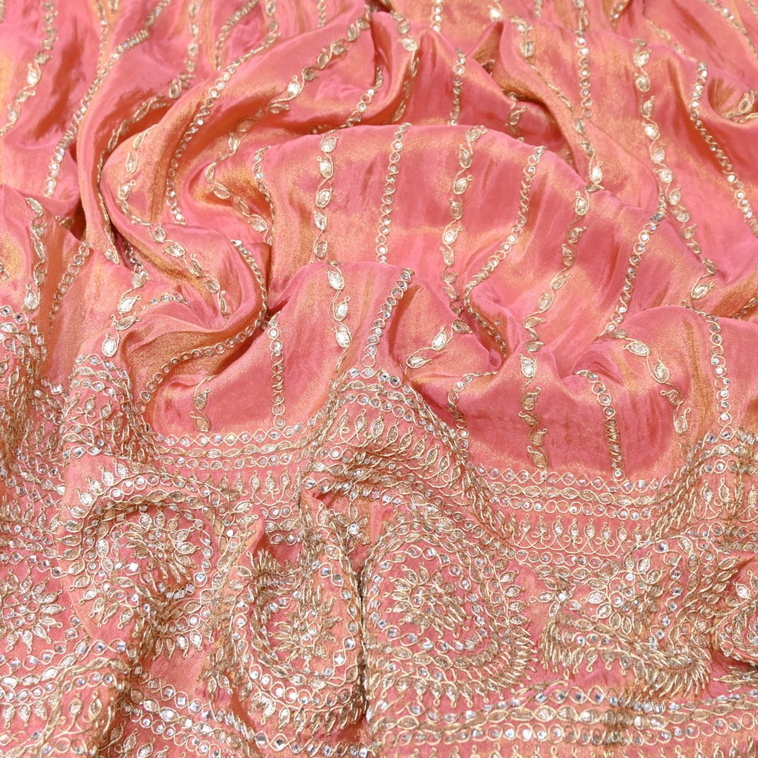 Rose Pink Tissue Fabric Stone & Zari Work Embroidery With Designer Border – Premium Fabric-331252-5