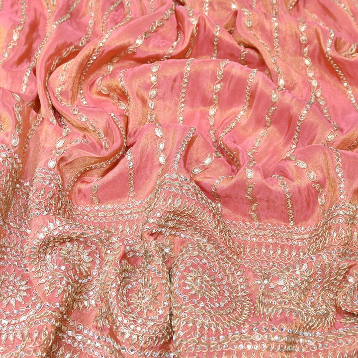 Rose Pink Tissue Fabric Stone & Zari Work Embroidery With Designer Border – Premium Fabric-331252-5