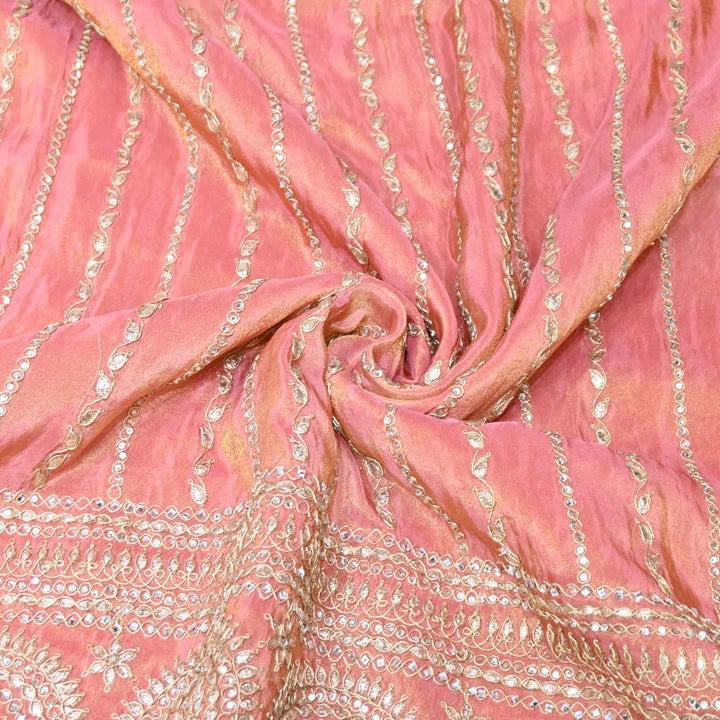 Rose Pink Tissue Fabric Stone & Zari Work Embroidery With Designer Border – Premium Fabric-331252-5