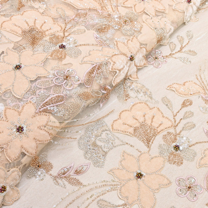 Premium Peach Floral Appliqué Imported Net Fabric with Heavy Sequin, Bead & Cut Dana Embroidery 60" | 105295-01