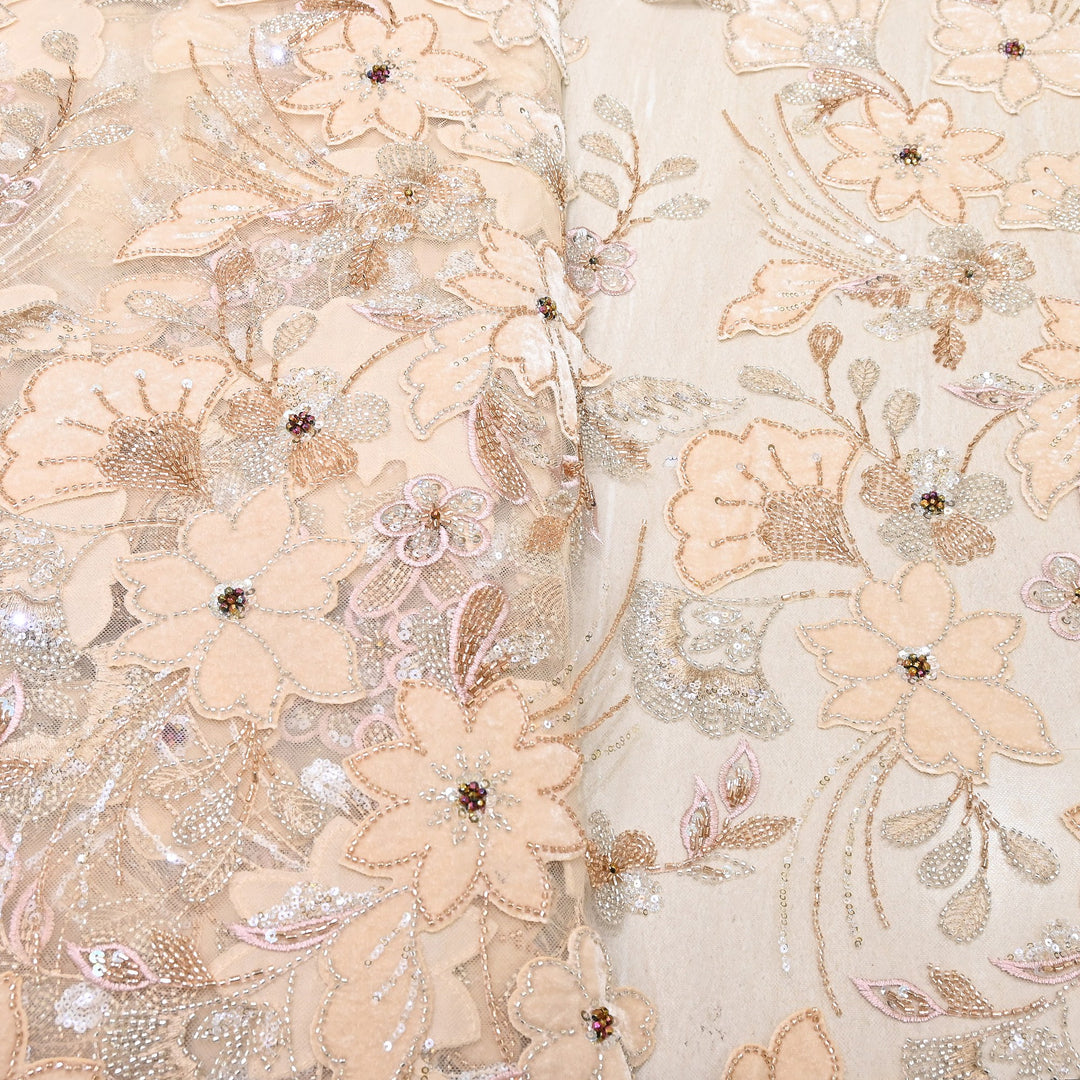 Premium Peach Floral Appliqué Imported Net Fabric with Heavy Sequin, Bead & Cut Dana Embroidery 60" | 105295-01