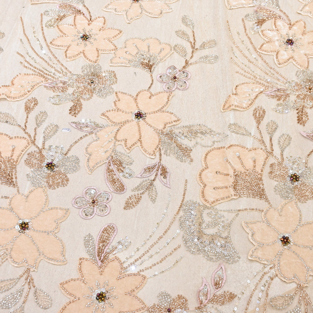 Premium Peach Floral Appliqué Imported Net Fabric with Heavy Sequin, Bead & Cut Dana Embroidery 60" | 105295-01