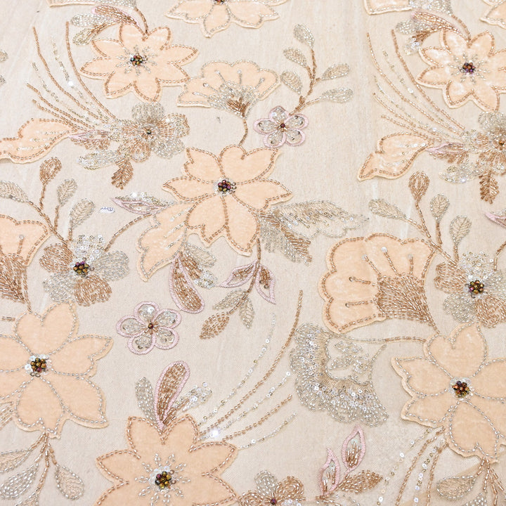 Premium Peach Floral Appliqué Imported Net Fabric with Heavy Sequin, Bead & Cut Dana Embroidery 60" | 105295-01