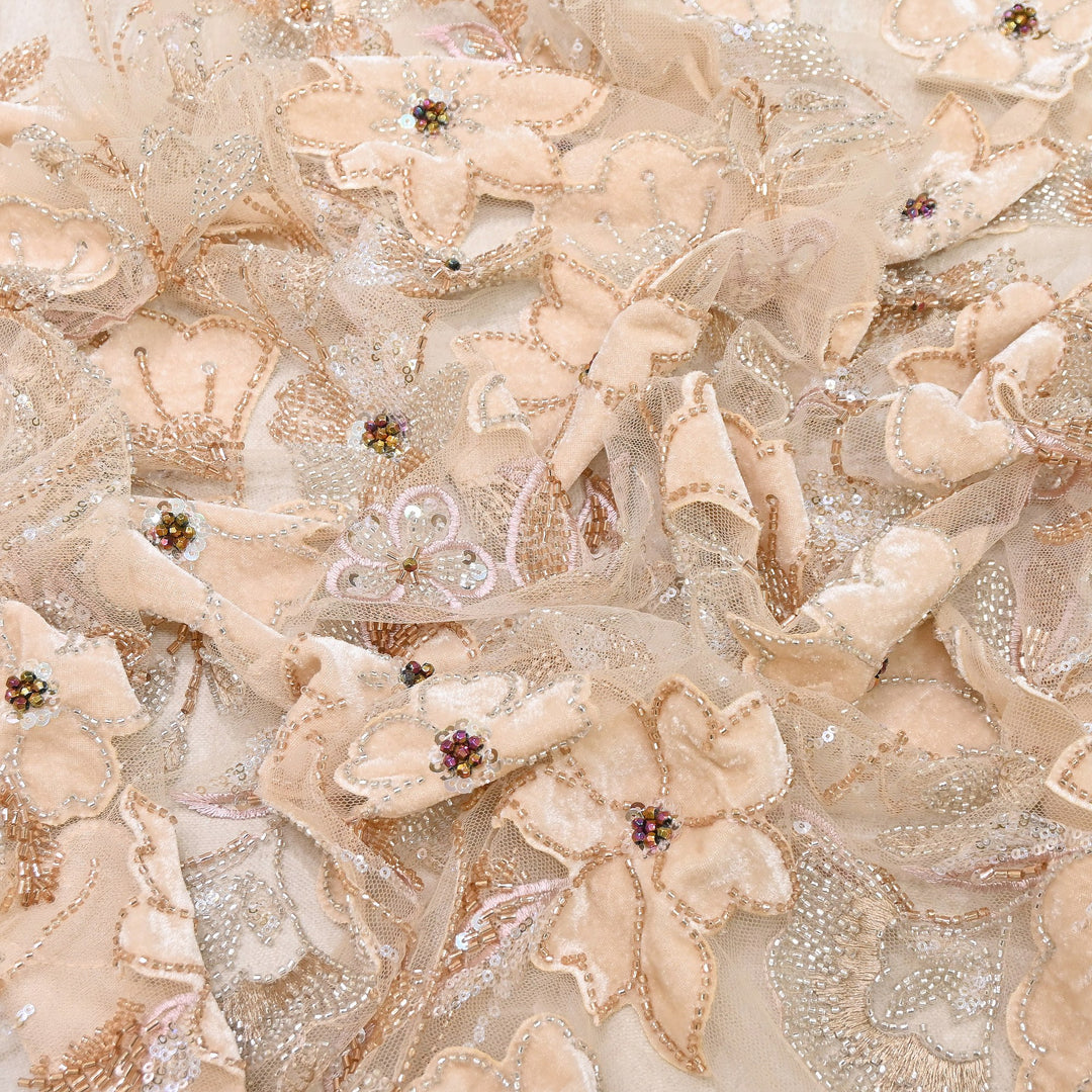 Premium Peach Floral Appliqué Imported Net Fabric with Heavy Sequin, Bead & Cut Dana Embroidery 60" | 105295-01