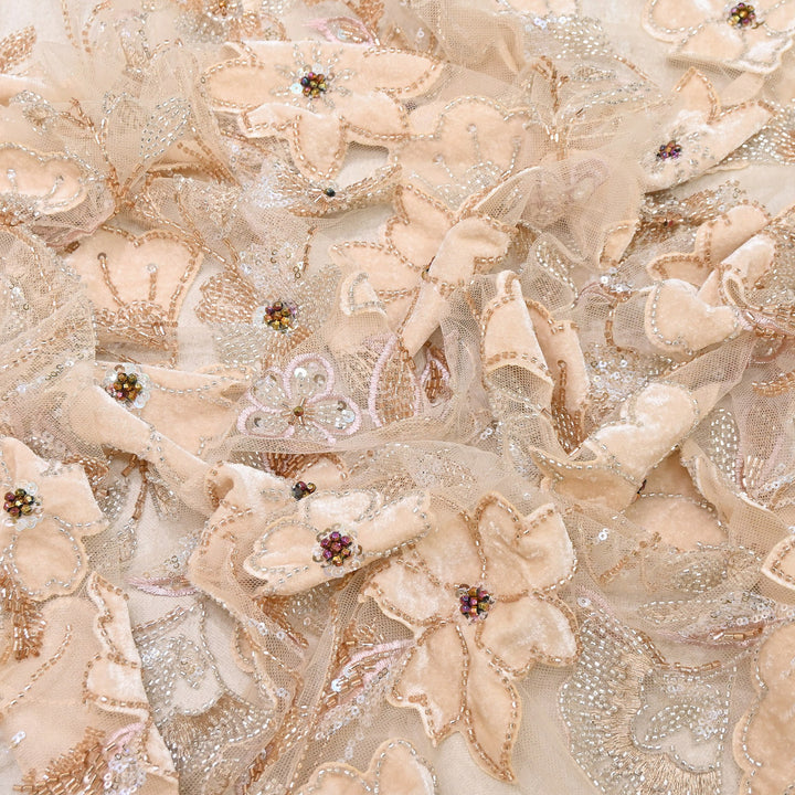 Premium Peach Floral Appliqué Imported Net Fabric with Heavy Sequin, Bead & Cut Dana Embroidery 60" | 105295-01