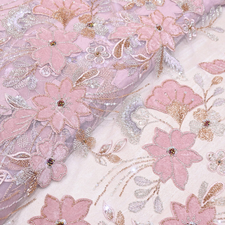 Premium Pink Floral Appliqué Imported Net Fabric with Heavy Sequin, Bead & Cut Dana Embroidery 60" | 105295-02